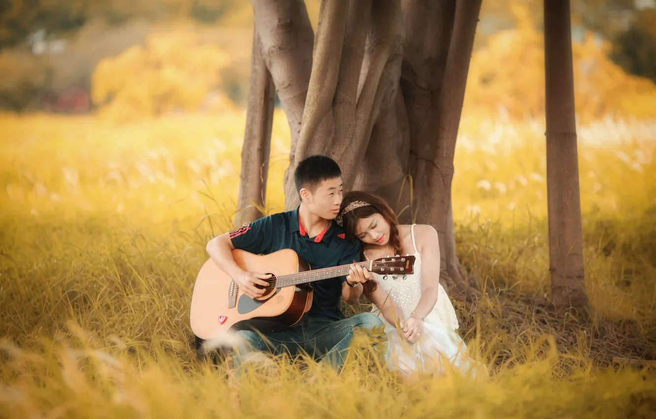 Photo wallpaper guitar, love, grass, tree, romantic, couple, playing, girlfriend