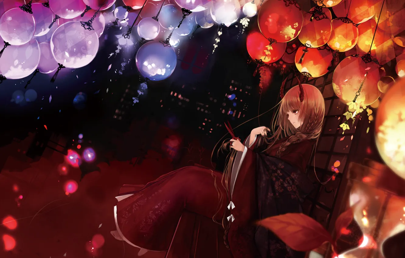 Photo wallpaper girl, lights, horns, braid, kimono, scissors