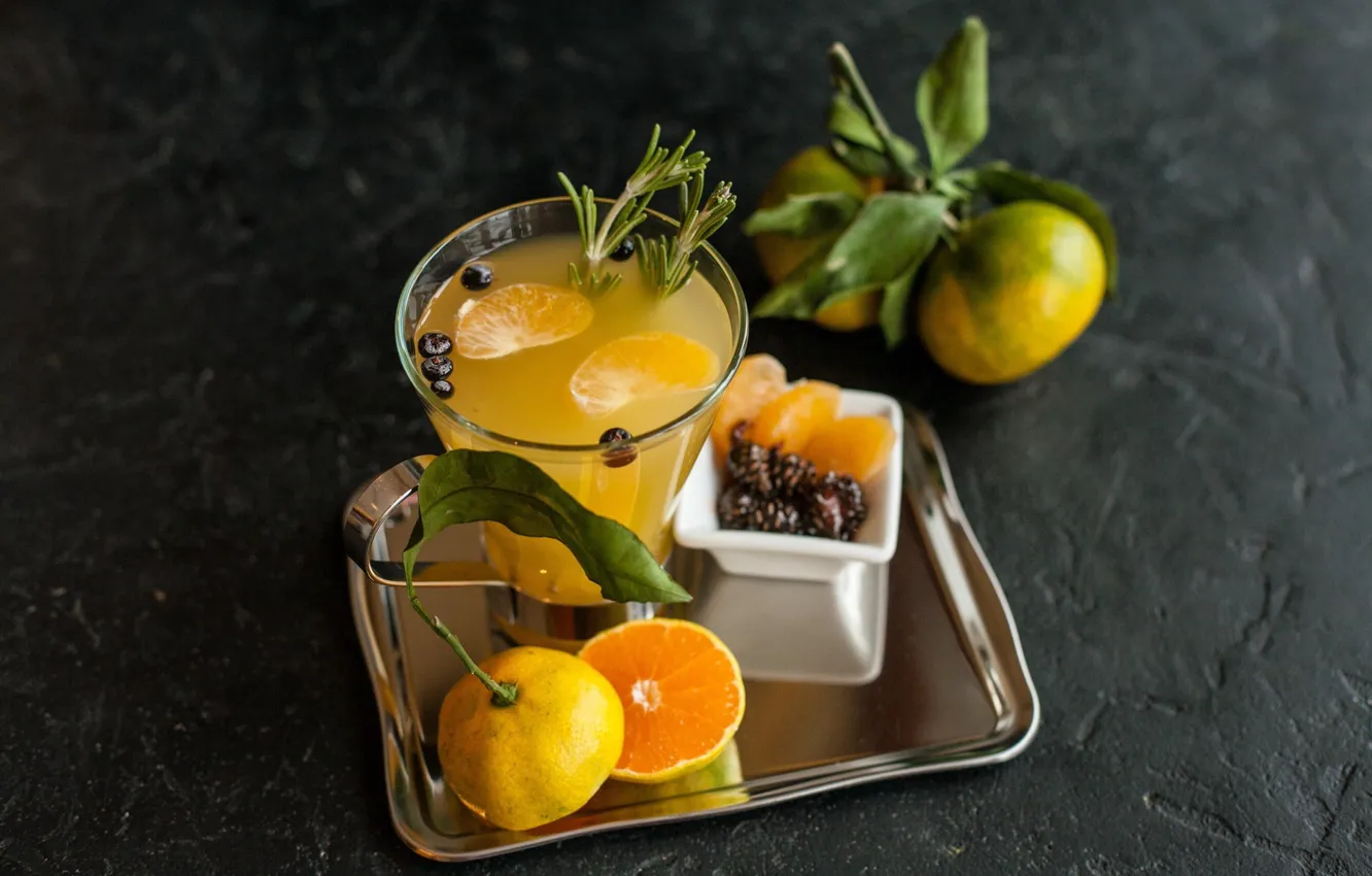 Photo wallpaper drink, fruit, fresh, tangerines, rosemary