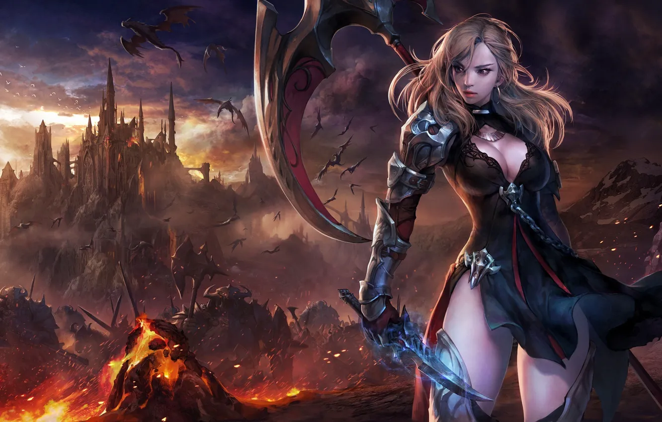 Photo wallpaper girl, lights, weapons, castle, dragon, the game, art, hit