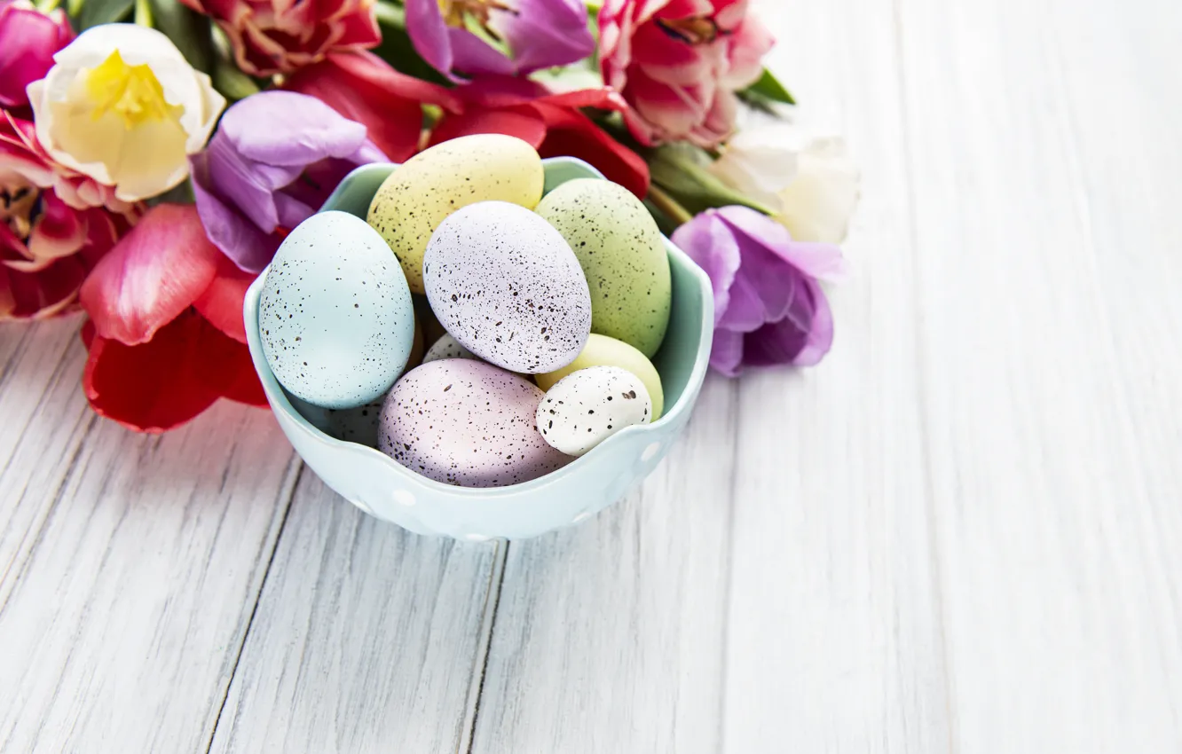 Photo wallpaper flowers, eggs, spring, colorful, Easter, tulips, wood, pink