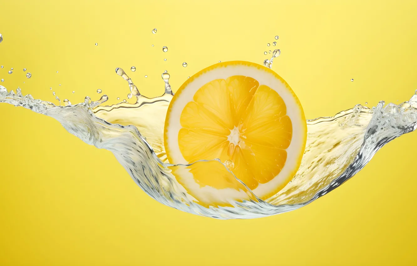 Photo wallpaper water, lemon, splash, yellow background, AI art, neural network