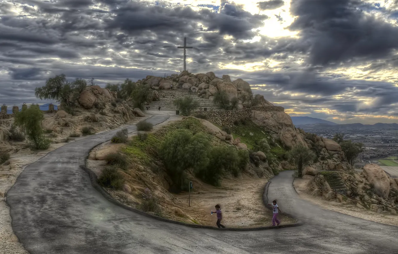 Photo wallpaper road, the sky, clouds, children, hills, HDR, cross, USA