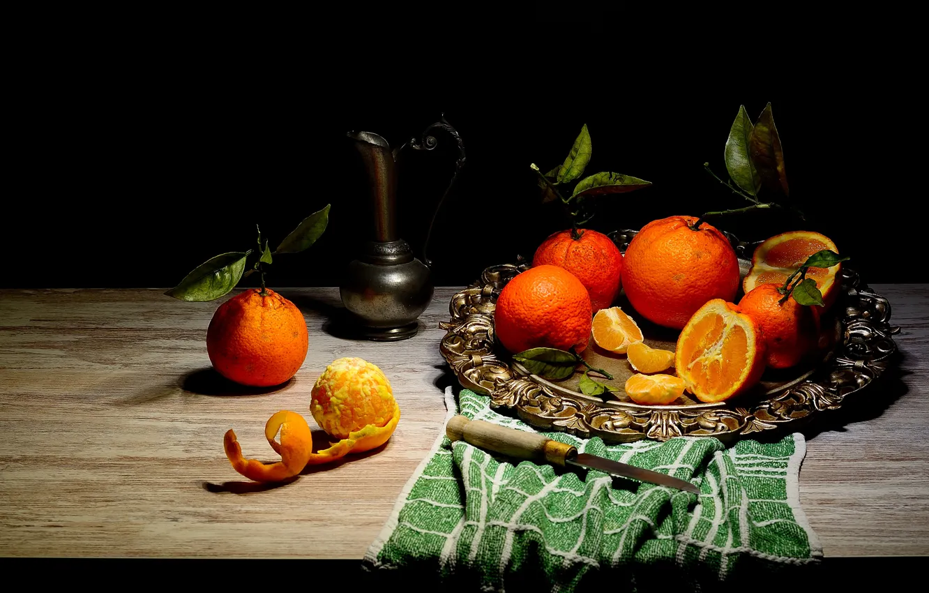 Photo wallpaper leaves, light, table, Board, towel, knife, pitcher, fruit