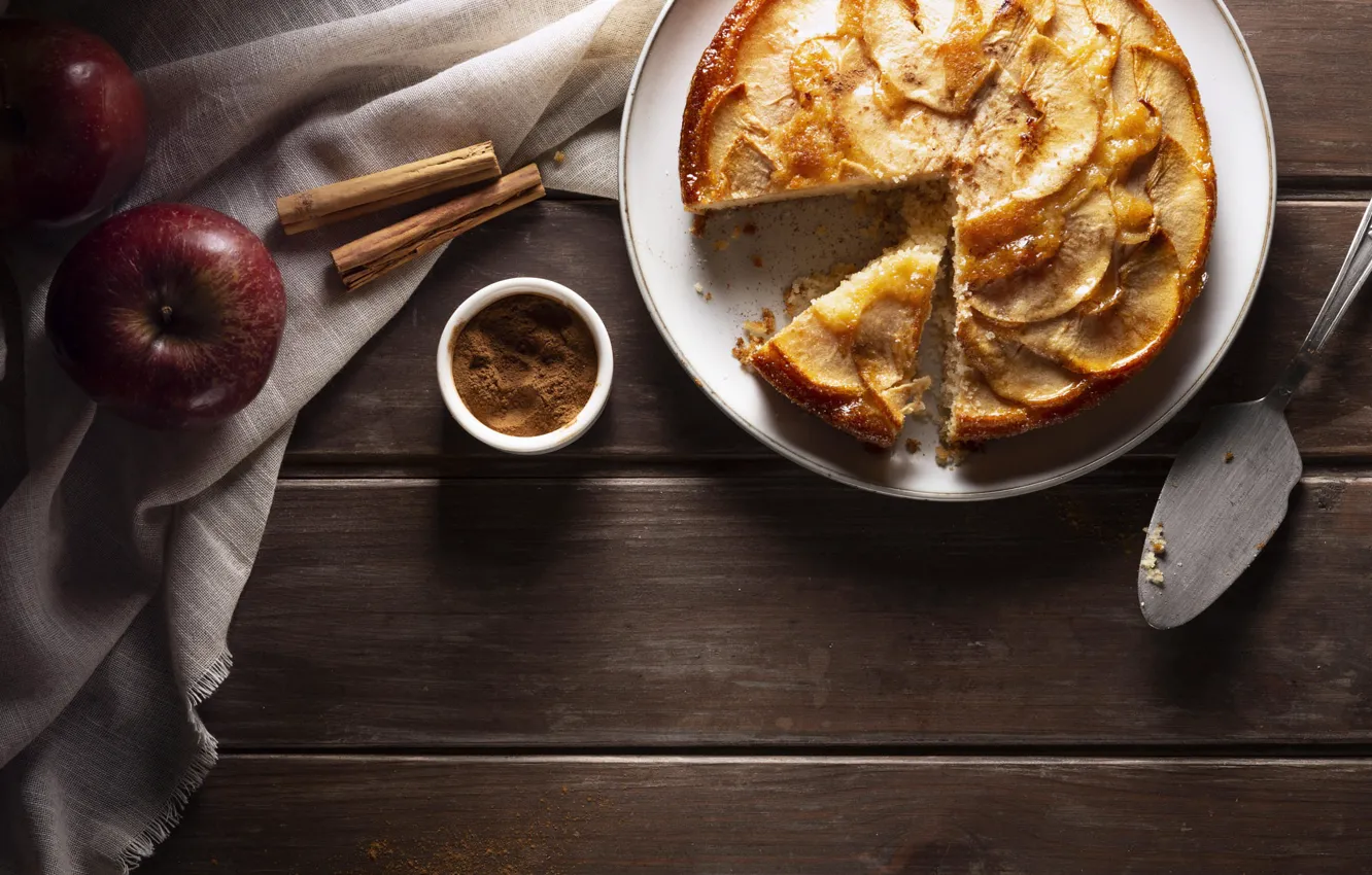 Photo wallpaper table, apples, Board, towel, plate, pie, cinnamon, cakes