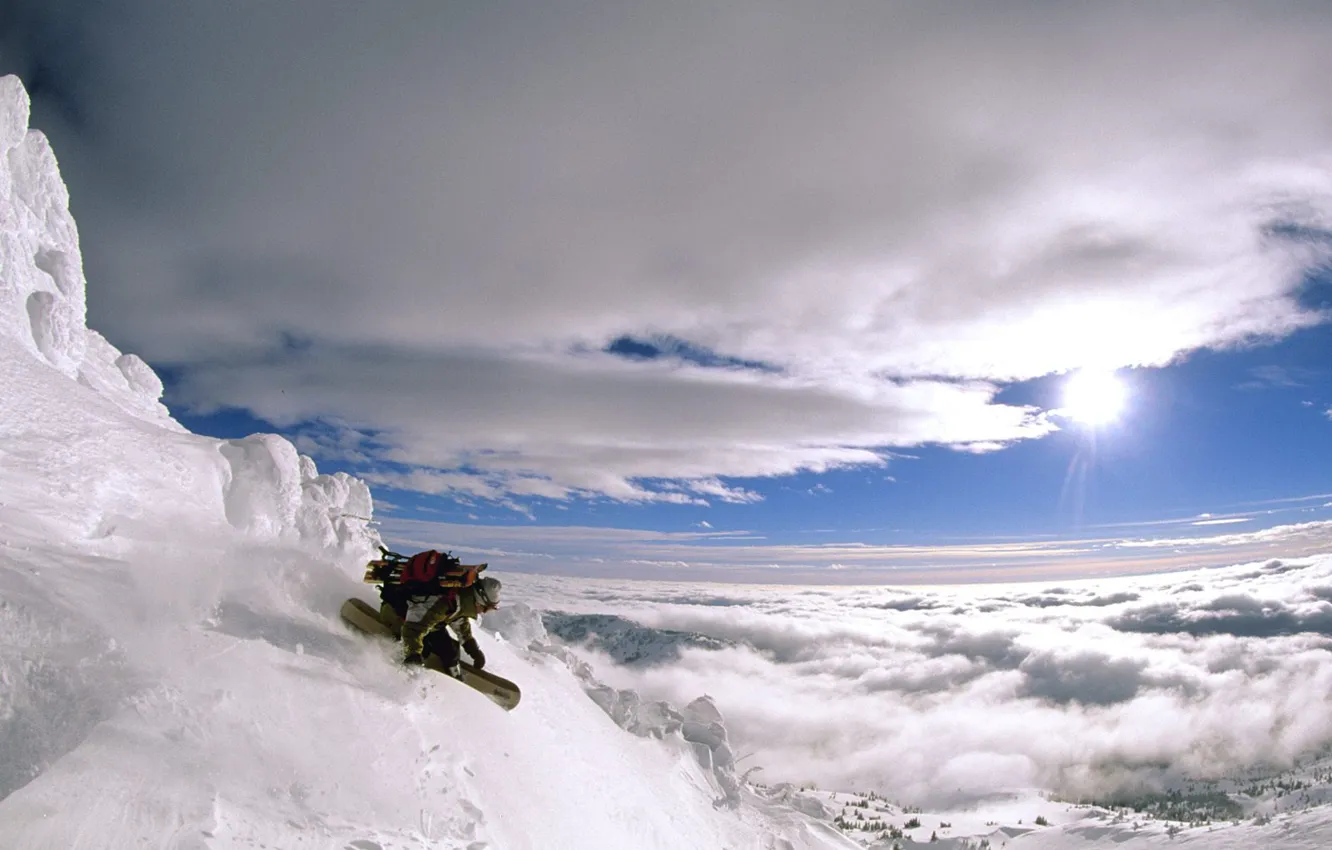 Photo wallpaper the sun, clouds, snow, mountains, Snowboard