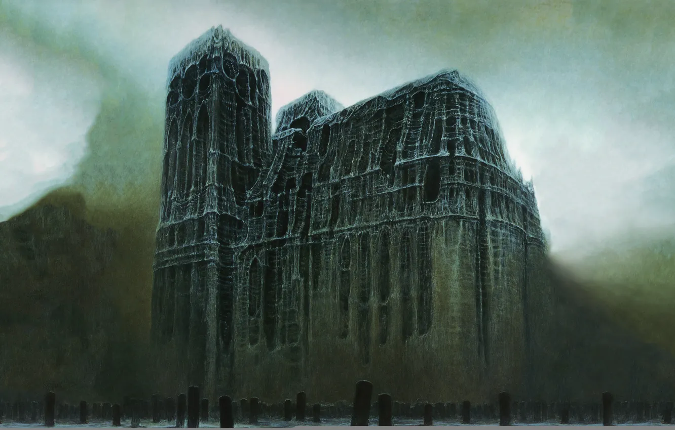 Photo wallpaper surrealism, the darkness, cemetery, Cathedral, plate, Zdzisław Beksiński, Zdislav Beksinski, postapocalyptic