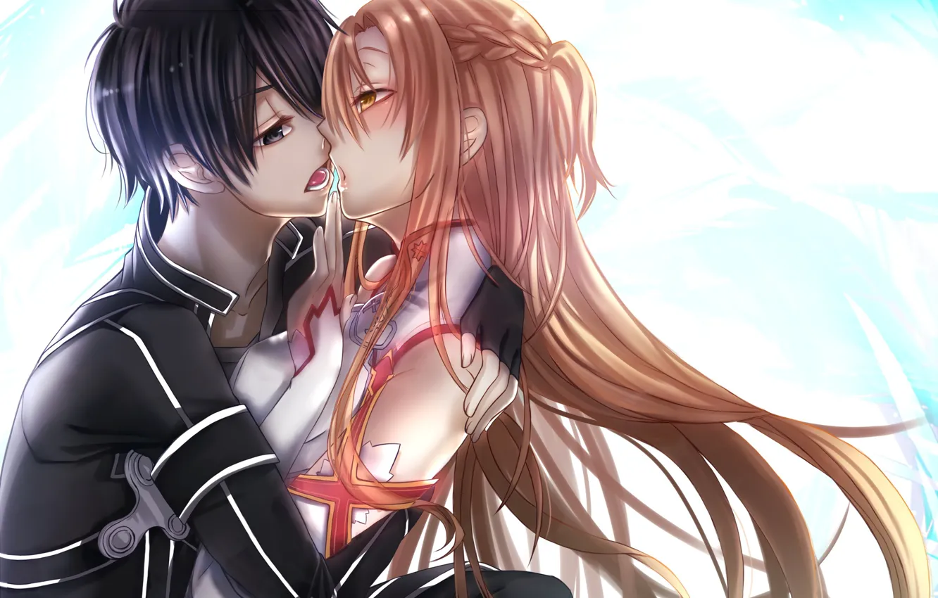 Photo wallpaper kiss, anime, art, two, Sword art online, Sword Art Online, Asuna, Kirito