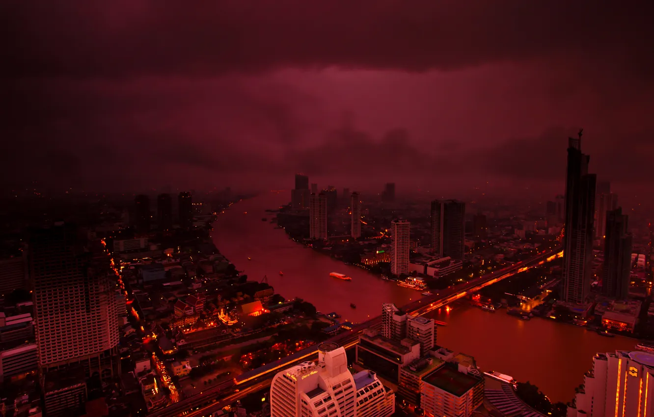 Photo wallpaper night, clouds, storm, bridge, lights, building, storm, skyscrapers