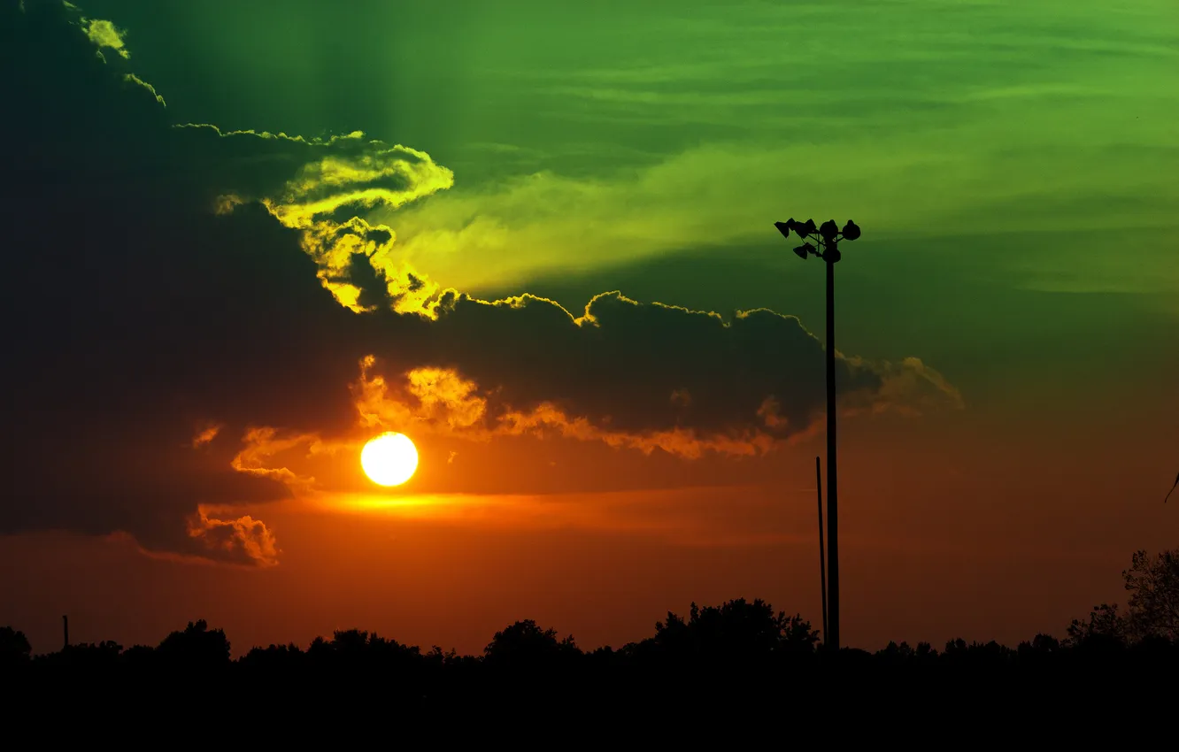 Photo wallpaper the sky, the sun, clouds, trees, sunset, posts