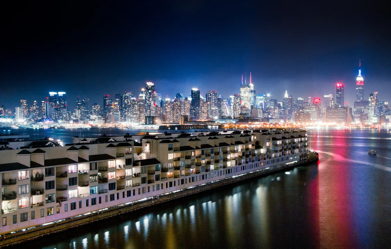 Photo wallpaper water, night, lights, reflection, the ocean, skyscrapers, pier, pierce