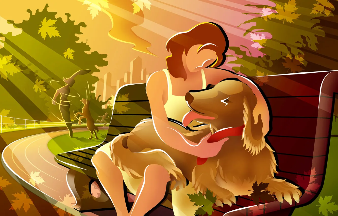 Photo wallpaper leaves, Park, the game, dog, friendship, walk, bench