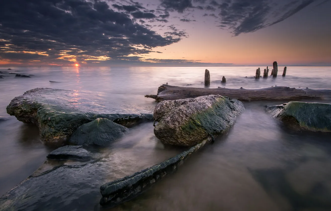 Photo wallpaper sea, landscape, sunset, stones