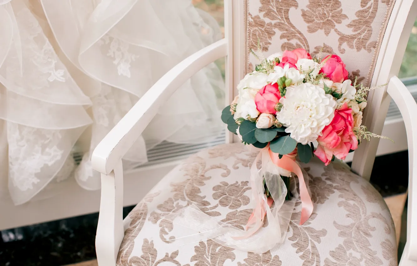 Photo wallpaper chair, veil, wedding, the bride's bouquet