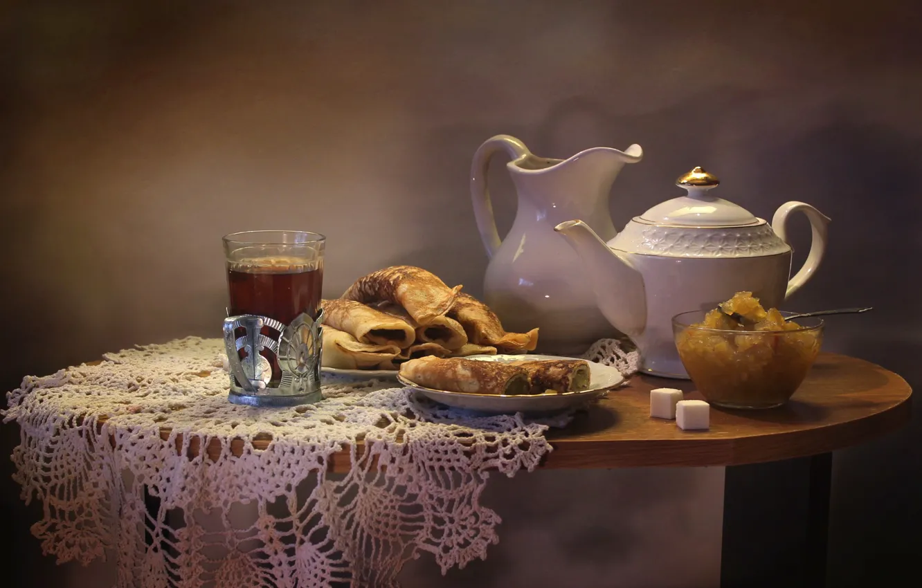 Photo wallpaper tea, kettle, pancakes, jam