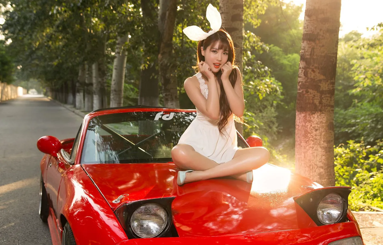 Photo wallpaper look, Girls, Asian, beautiful girl, red car, Mazda MX5, posing on the hood of the …
