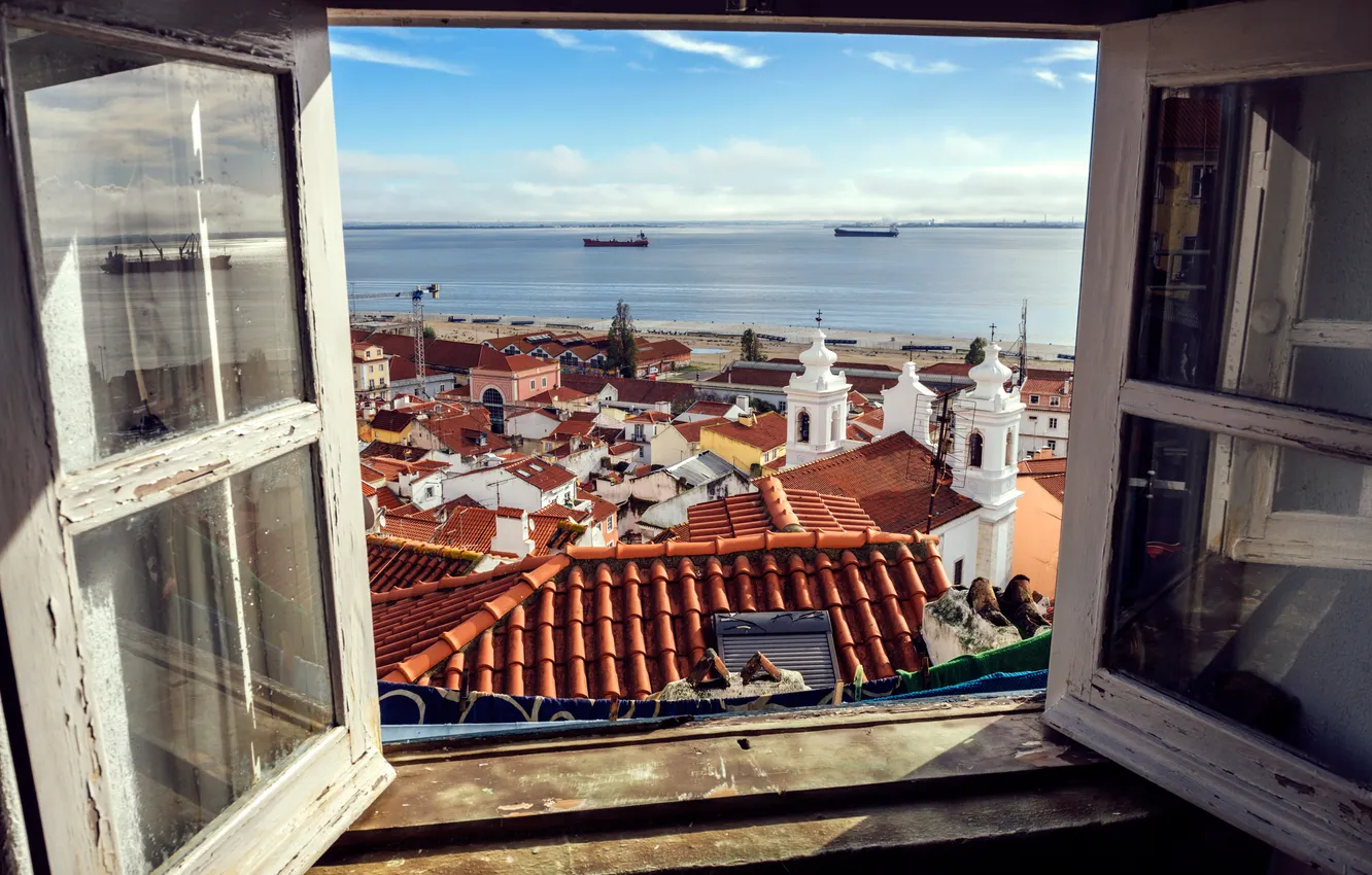Photo wallpaper sea, the sky, clouds, the city, building, ships, roof, horizon