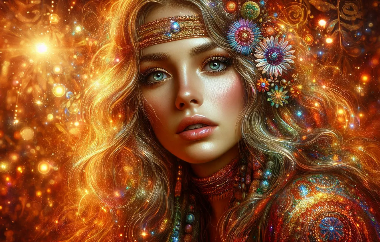 Photo wallpaper look, girl, decoration, flowers, lights, lights, portrait, blonde