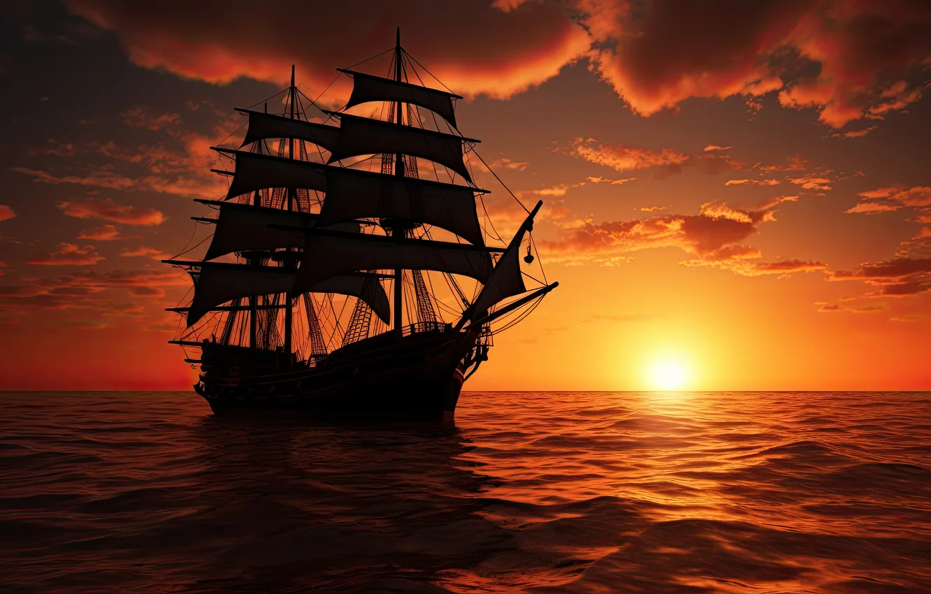Photo wallpaper sea, wave, the sun, clouds, light, sunset, ship, sailboat