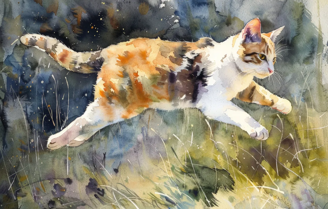 Photo wallpaper cat, grass, cat, jump, art, digital art, imitation painting, AI art