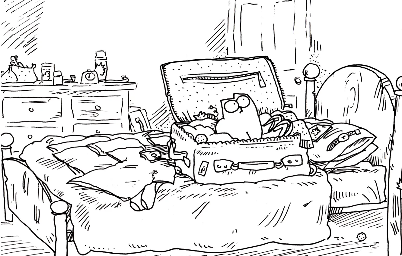 Photo wallpaper cat, balls, room, figure, watch, bed, humor, pillow