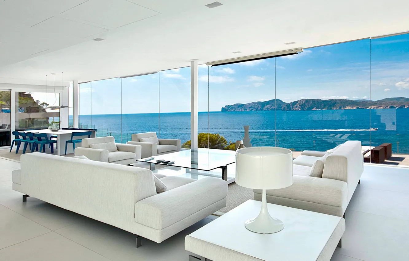 Photo wallpaper villa, luxury, glass wall, open living space, sea side house