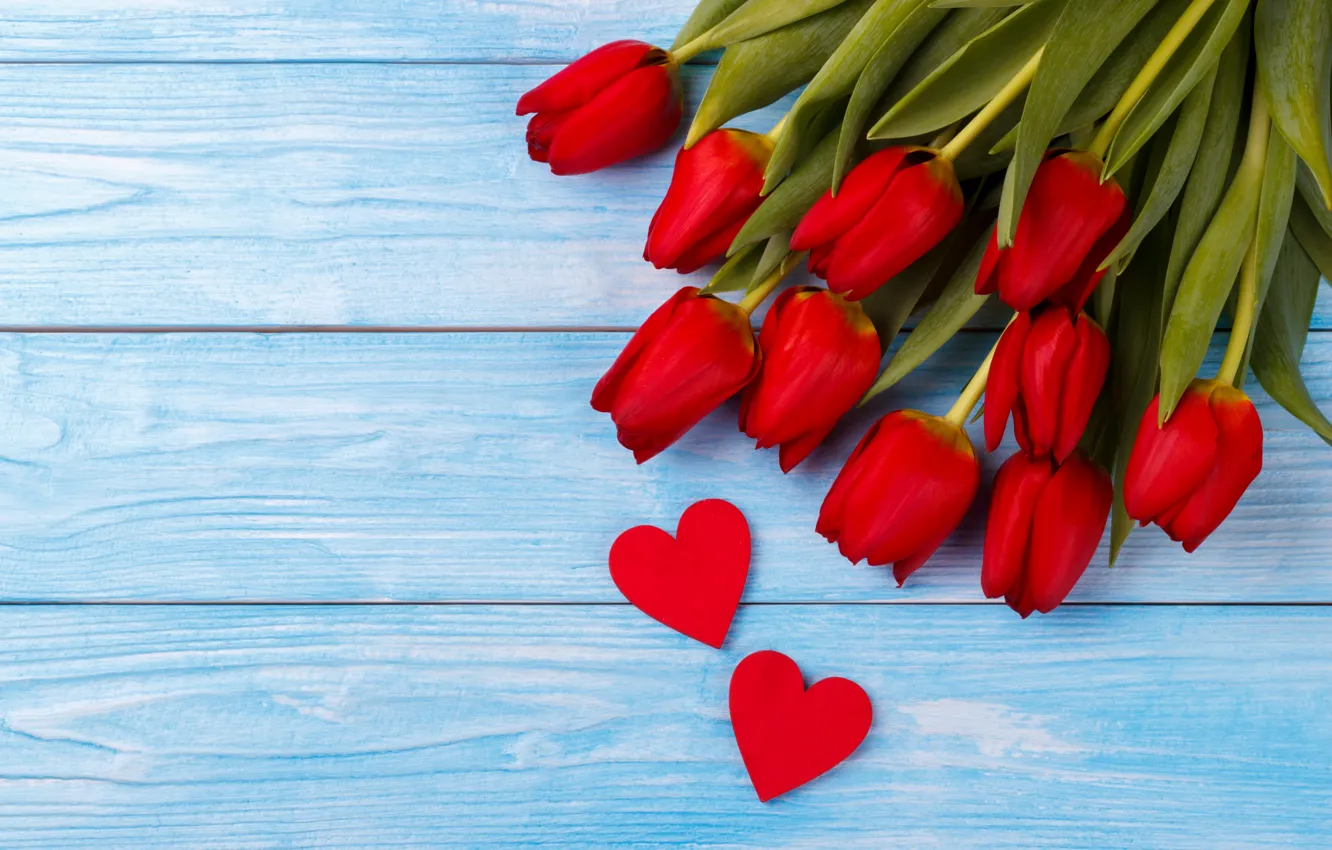 Photo wallpaper love, red, bouquet, hearts, tulips, red, love, wood
