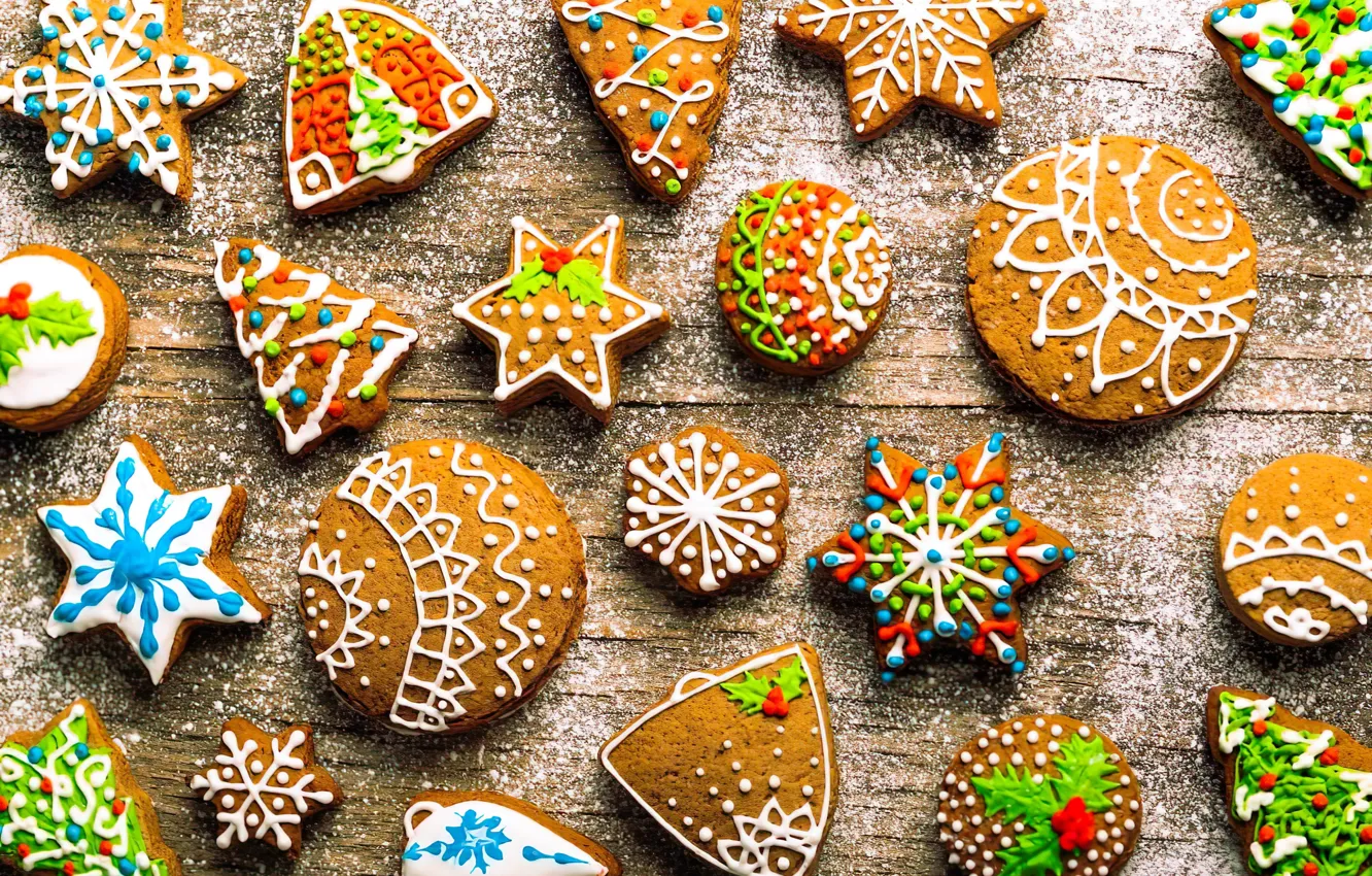 Photo wallpaper table, new year, cookies, Christmas, figures