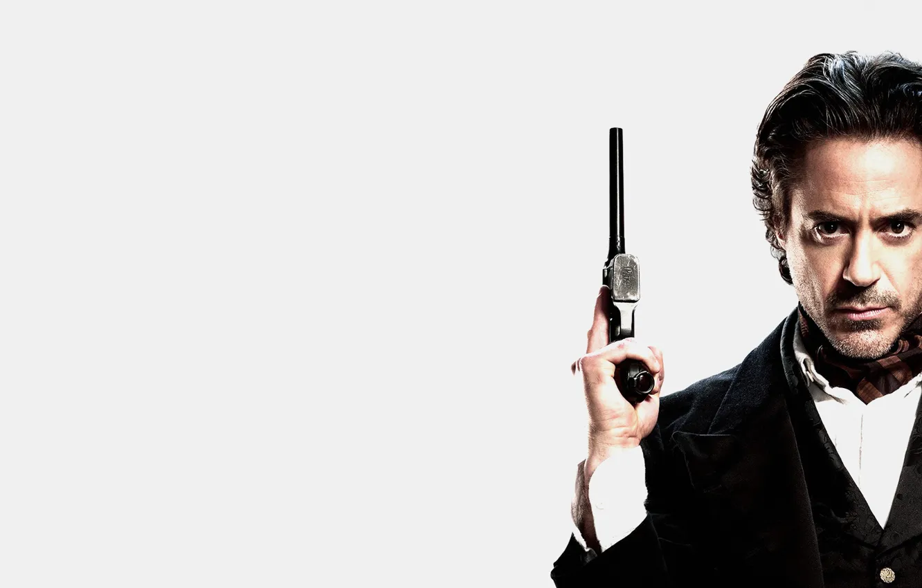 Photo wallpaper gun, white background, Sherlock Holmes, Robert Downey Jr., Sherlock Holmes, not a good look
