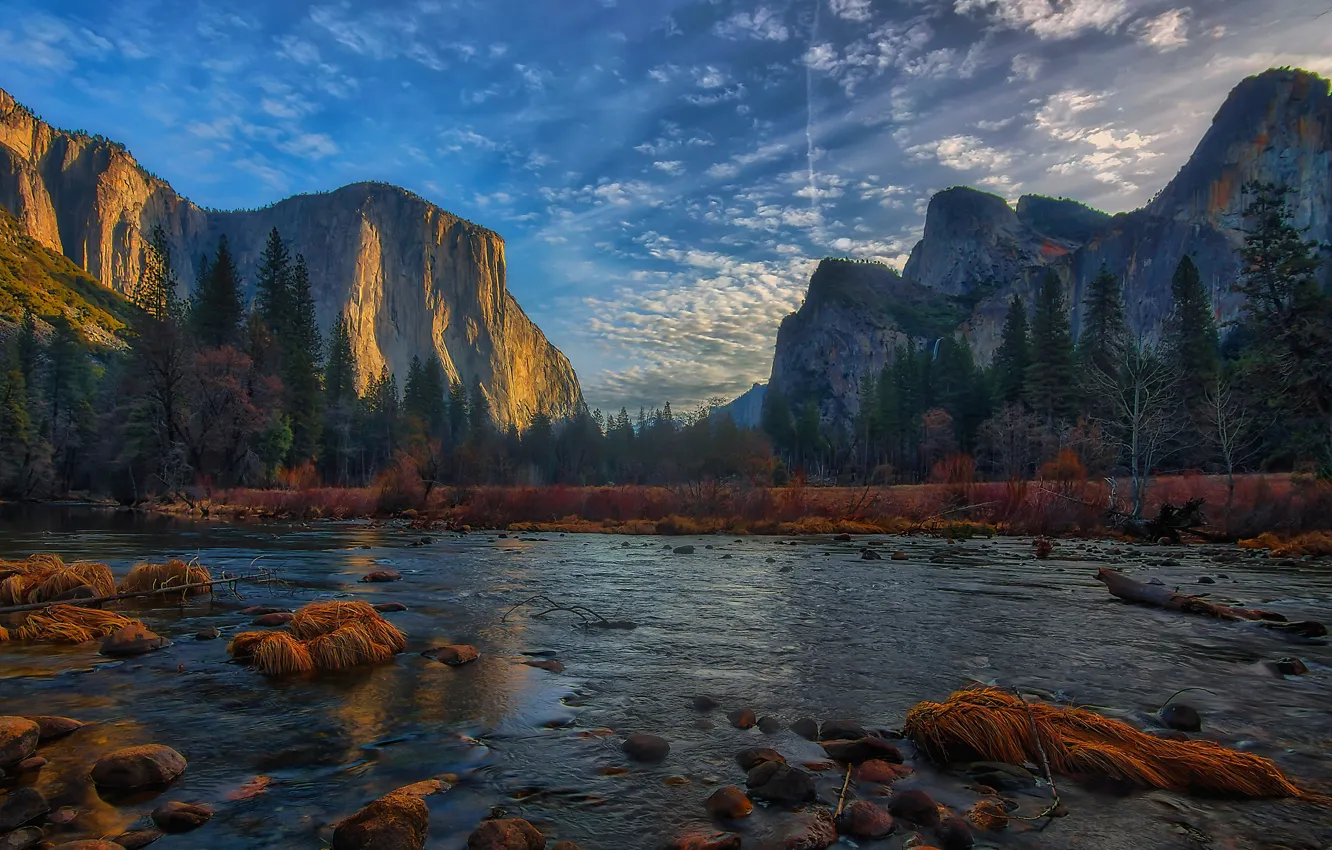 Photo wallpaper mountains, river, valley, CA, California, Yosemite Valley, Yosemite National Park, Sierra Nevada