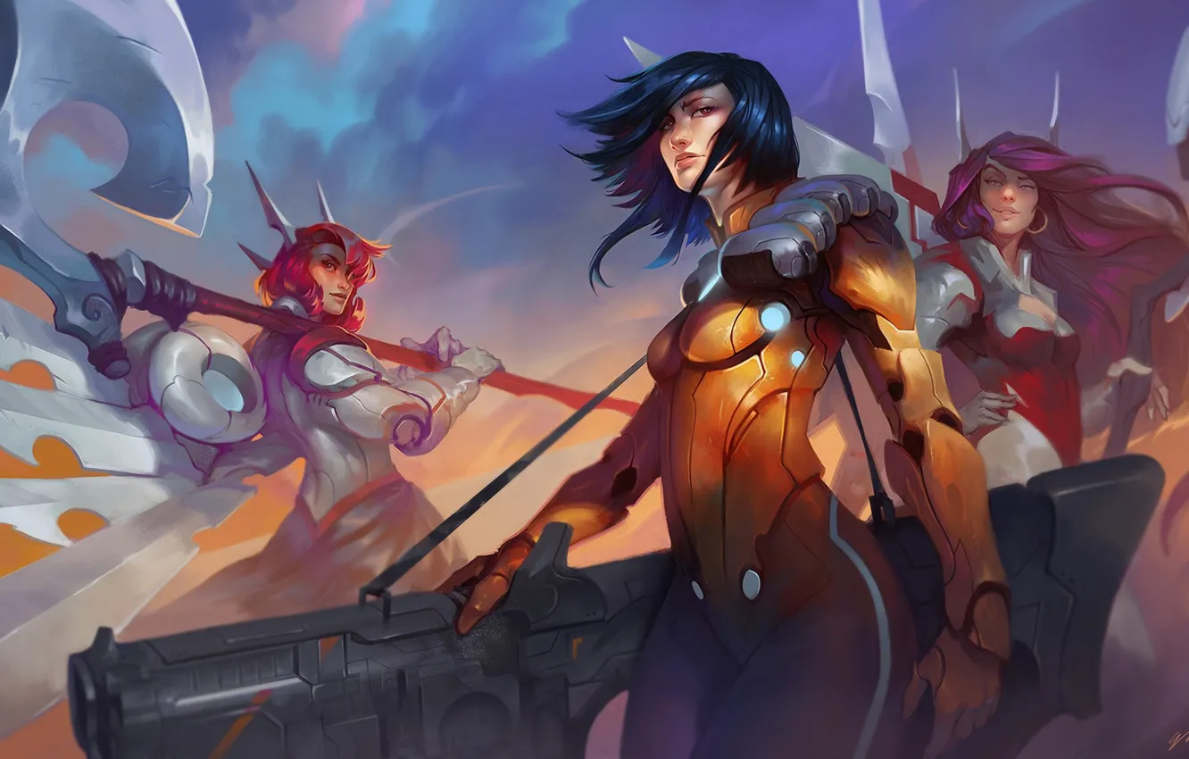 Photo wallpaper axe, gun, fantasy, girls, digital art, artwork, fantasy art, Weapons