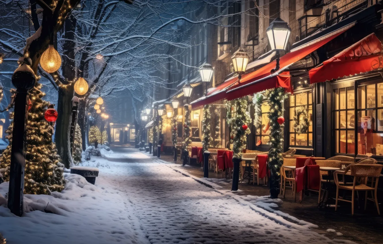 Photo wallpaper winter, snow, decoration, night, the city, lights, street, tree