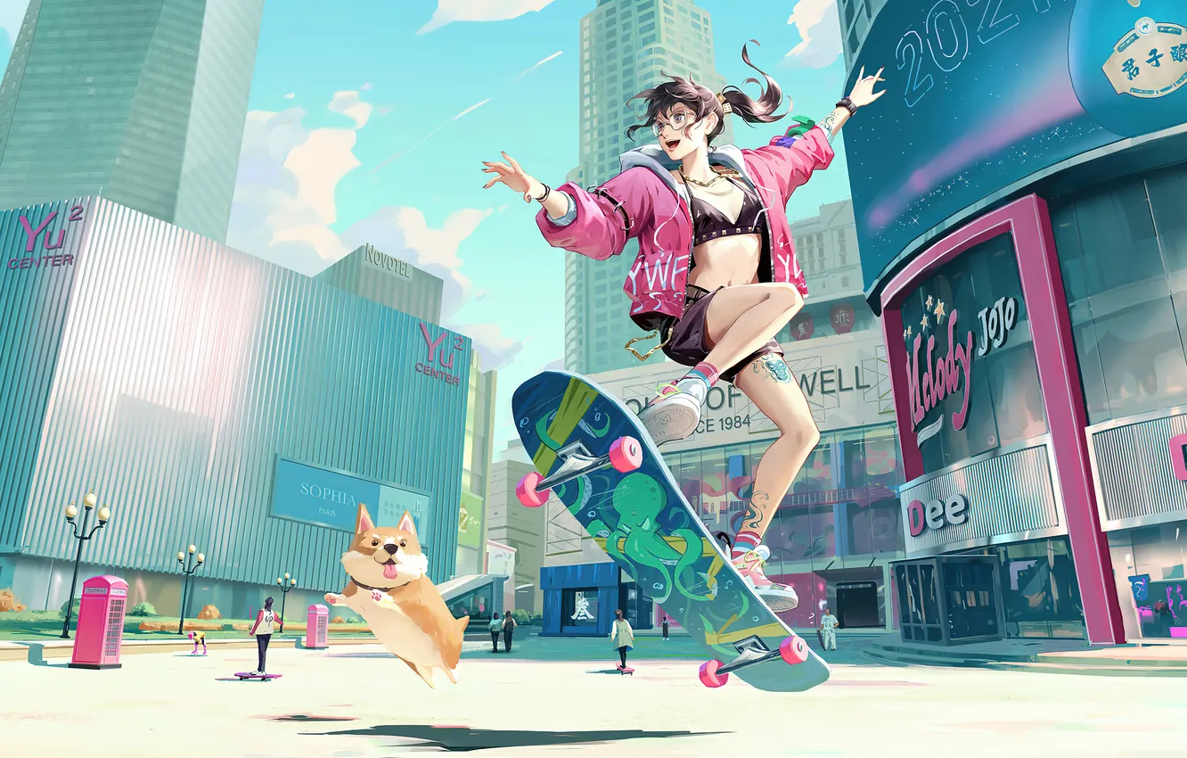 Photo wallpaper girl, shorts, anime, jacket, skater