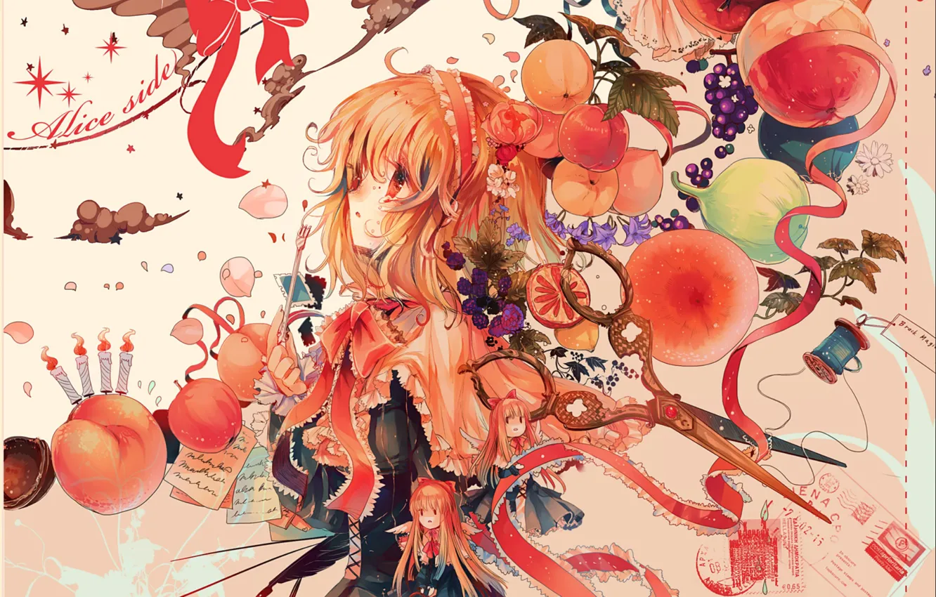 Photo wallpaper candles, doll, stamp, fruit, plug, peaches, art, scissors