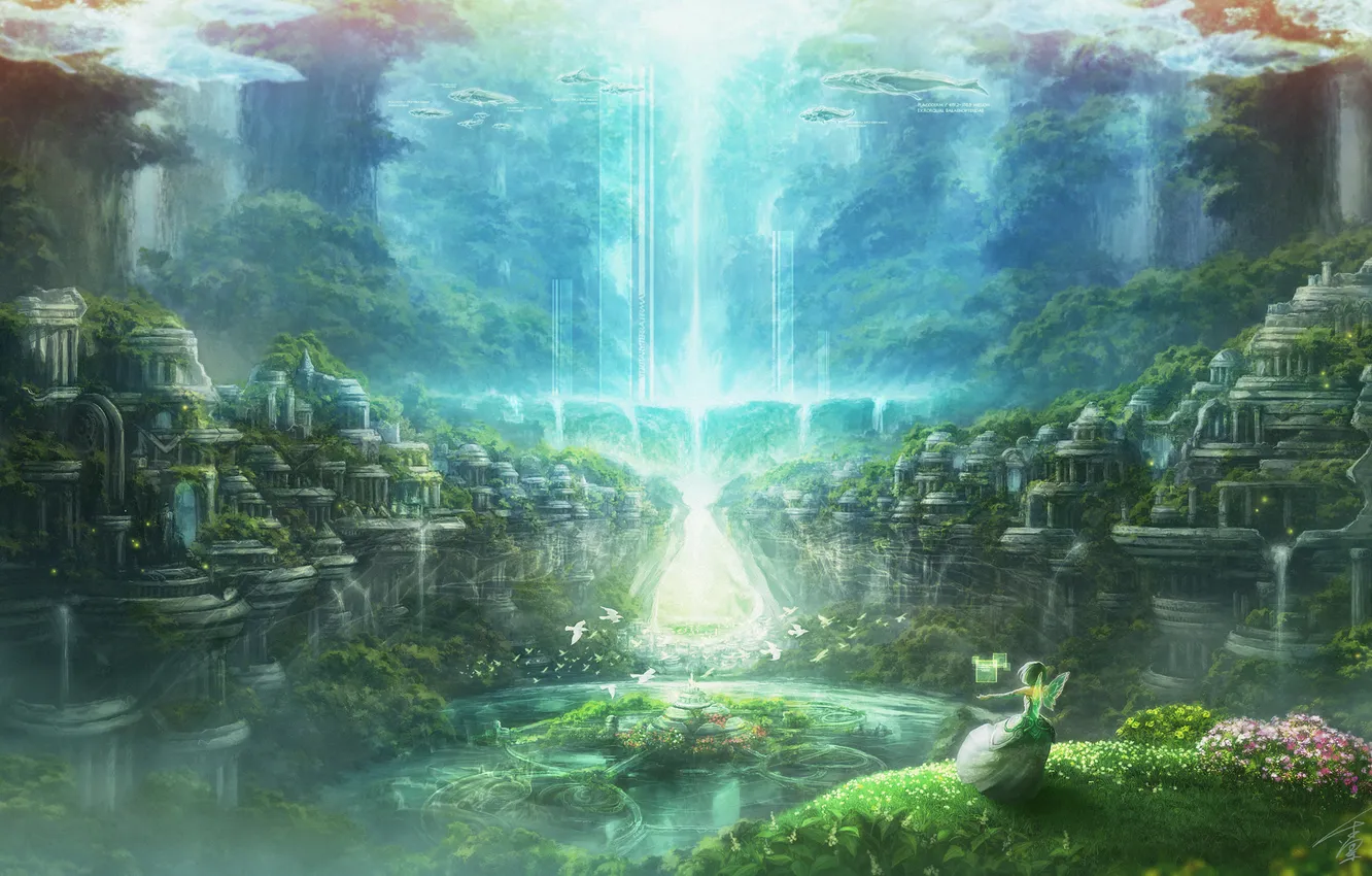 Photo wallpaper water, girl, clouds, trees, nature, the city, bird, waterfall