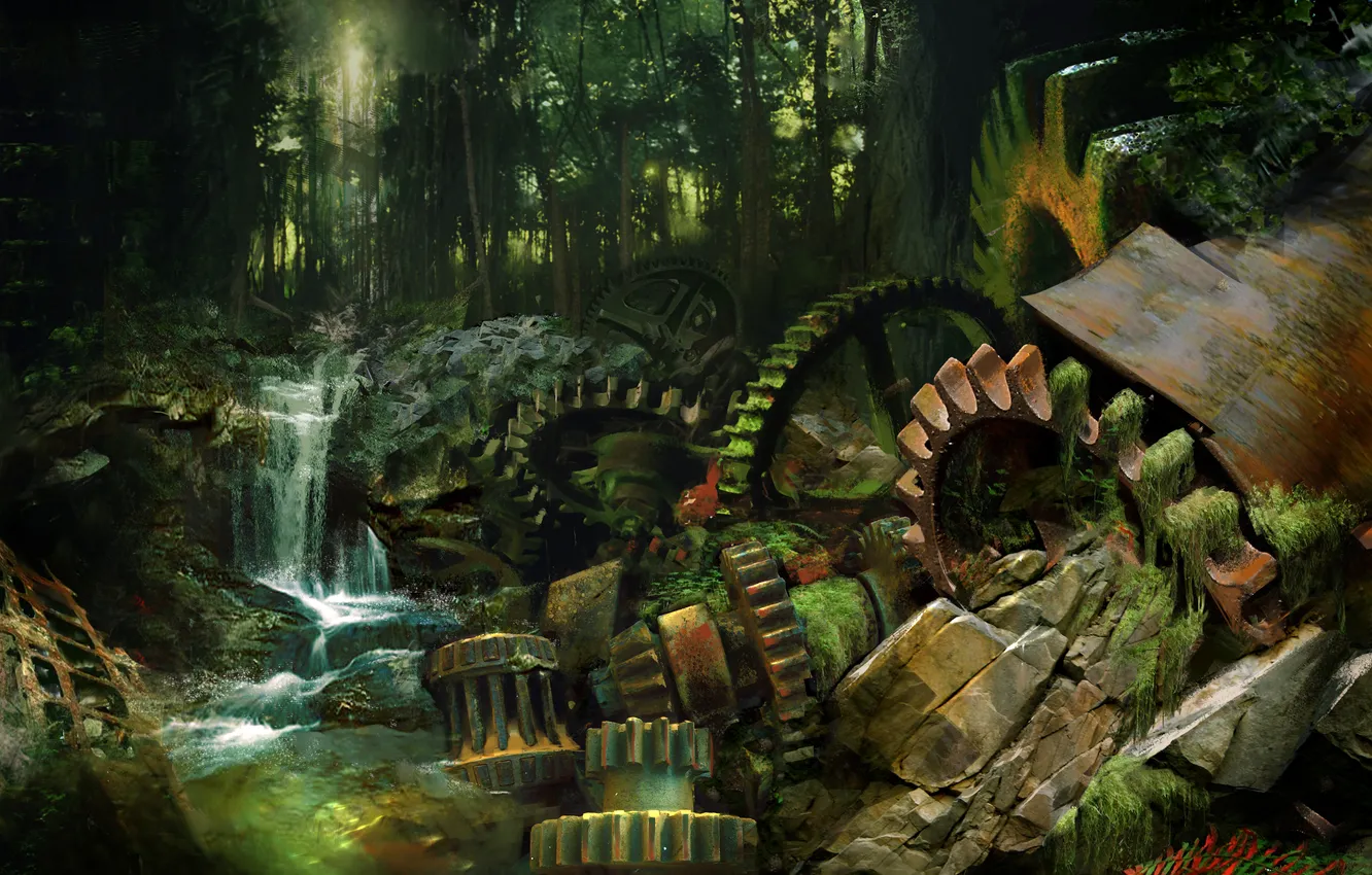 Photo wallpaper forest, river, stones, mechanism, waterfall, moss, art, details