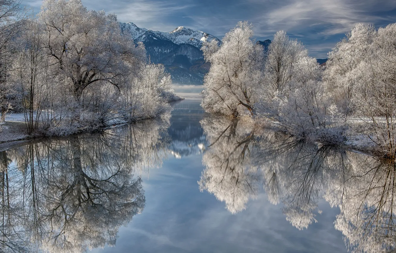 Photo wallpaper winter, frost, trees, mountains, lake, Germany, Bayern
