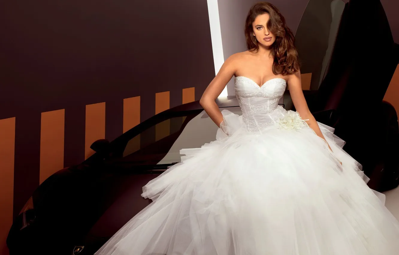 Photo wallpaper chest, girl, face, sexy, background, hair, Lamborghini, dress