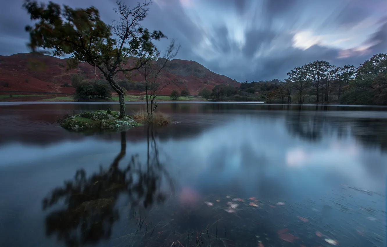 Photo wallpaper the sky, trees, mountains, lake, island, the evening