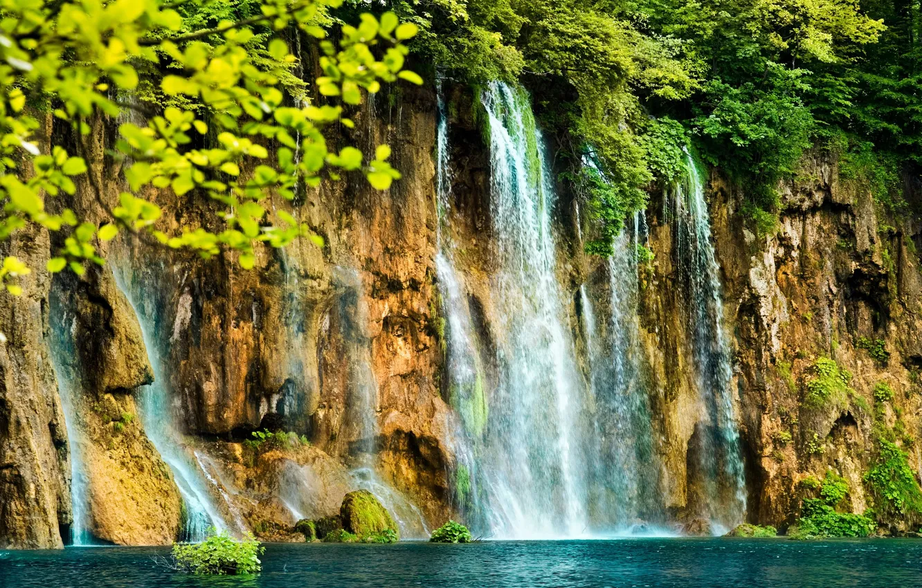 Photo wallpaper trees, rock, waterfall, moss, stream, water, beautiful, Waterfall