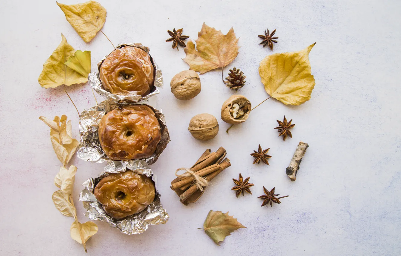 Photo wallpaper apples, food, nuts, cinnamon, dessert, cakes, apples, anise star