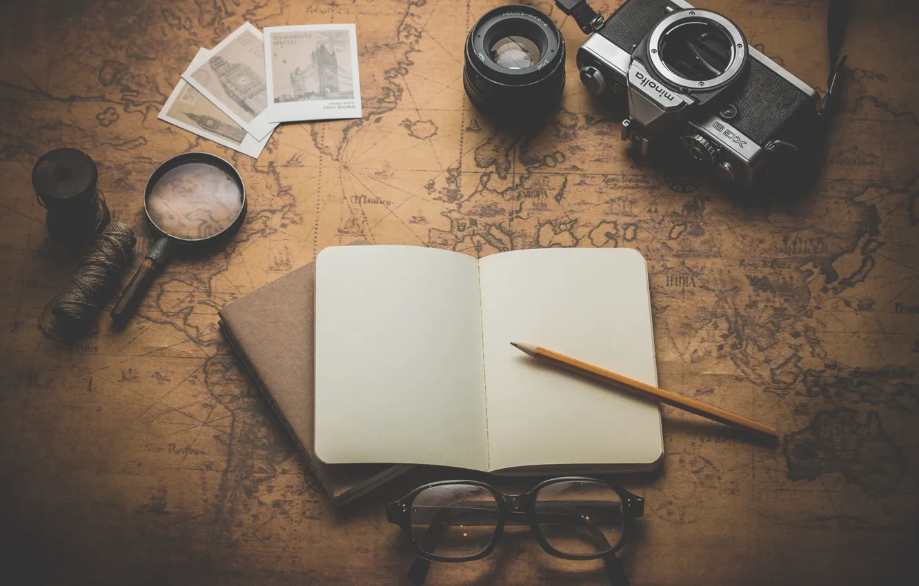 Photo wallpaper map, pencils, glasses, the camera, Notepad, thread, magnifier