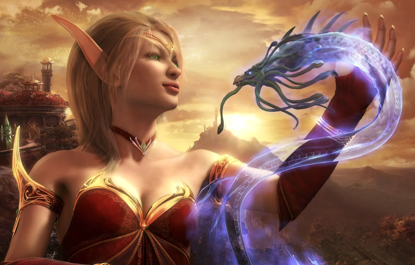 Photo wallpaper rendering, dragon, elf, Blood Elf, World Of Warcraft