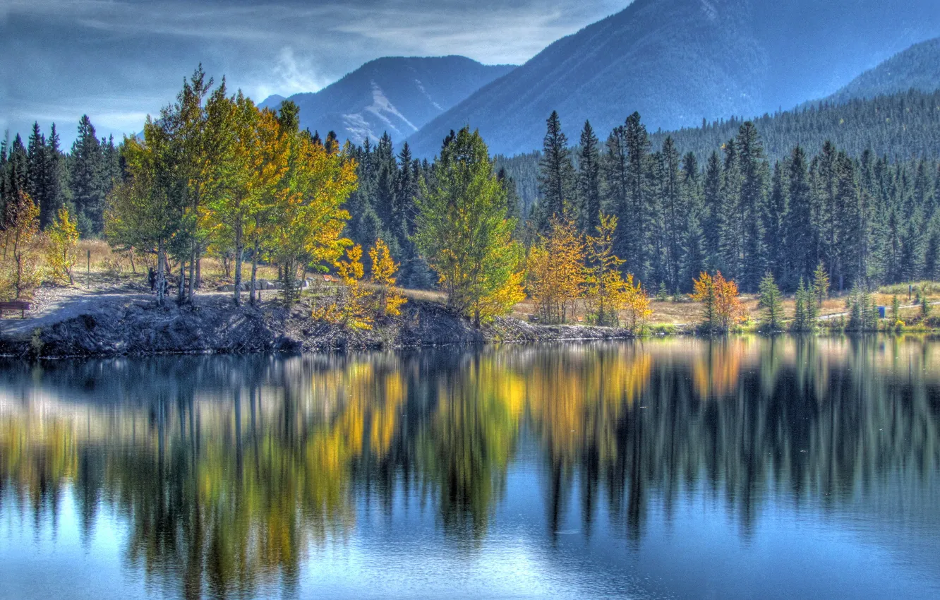 Photo wallpaper autumn, the sky, trees, mountains, lake, reflection, Canada, Albert
