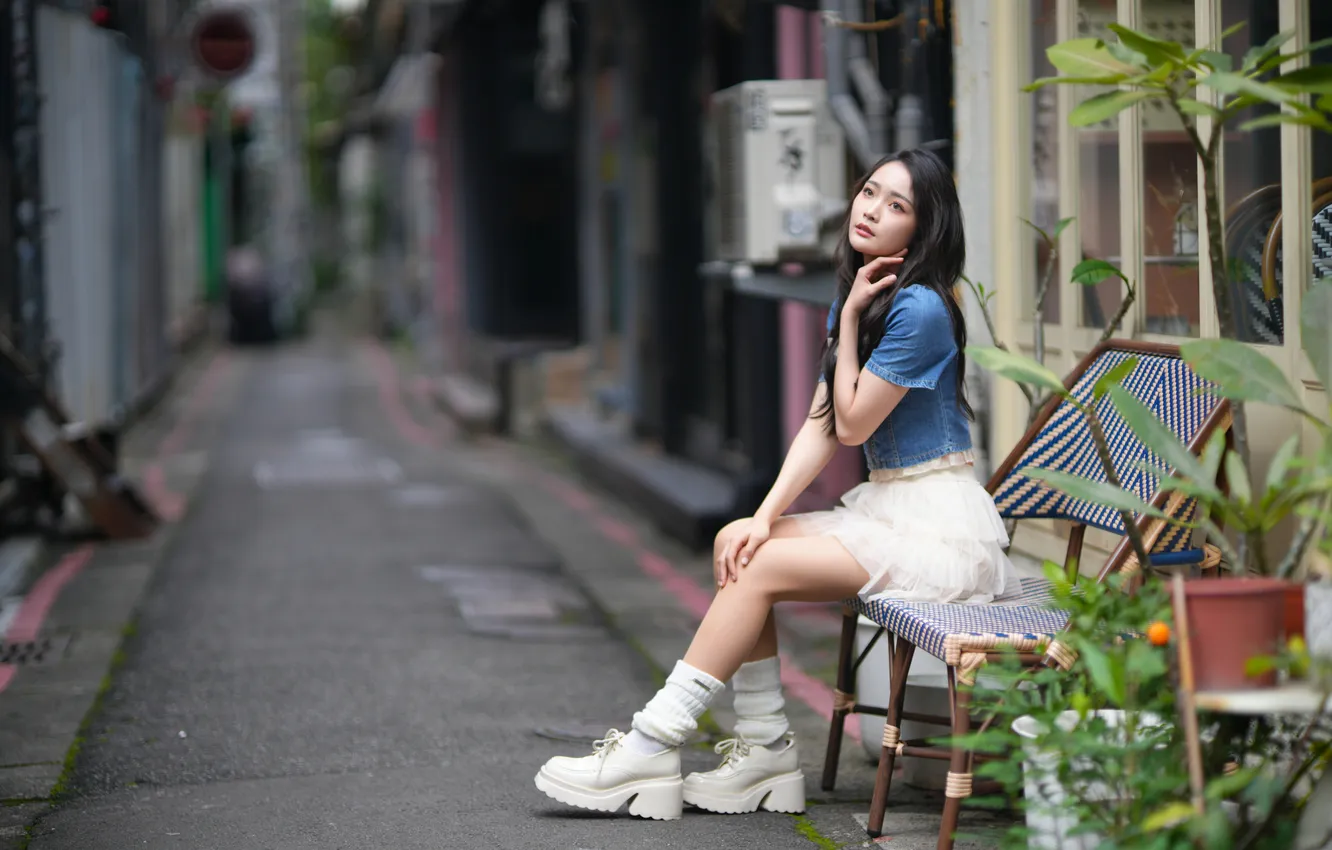Photo wallpaper girl, legs, Asian, on the bench