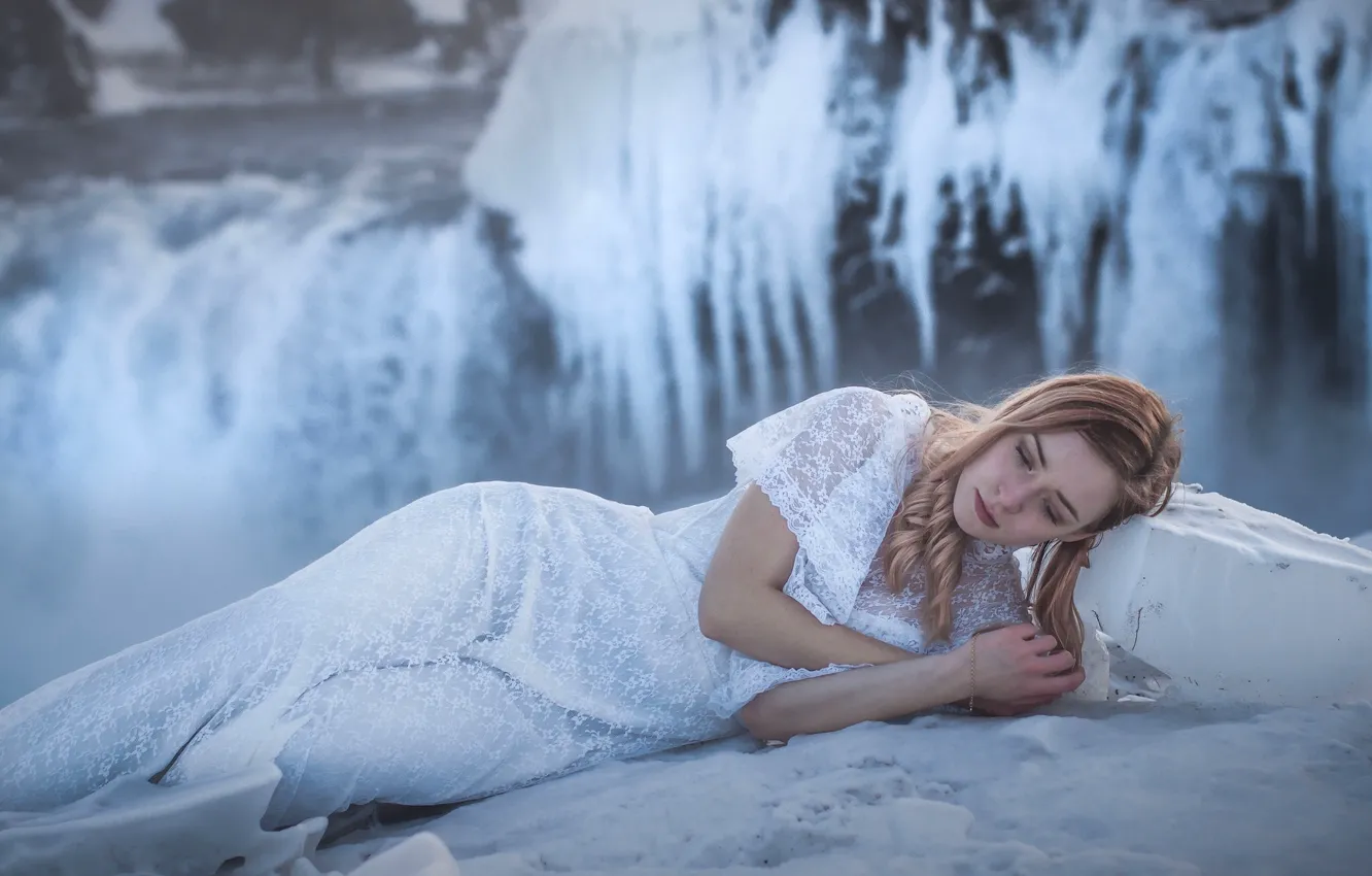 Photo wallpaper winter, girl, model, waterfall, ice, dress, frost, Iceland
