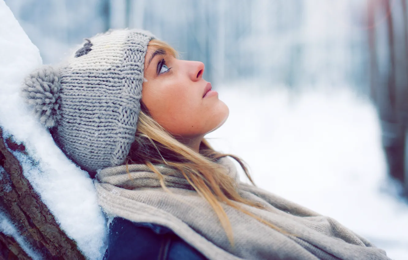 Photo wallpaper winter, girl, snow, hat, blonde