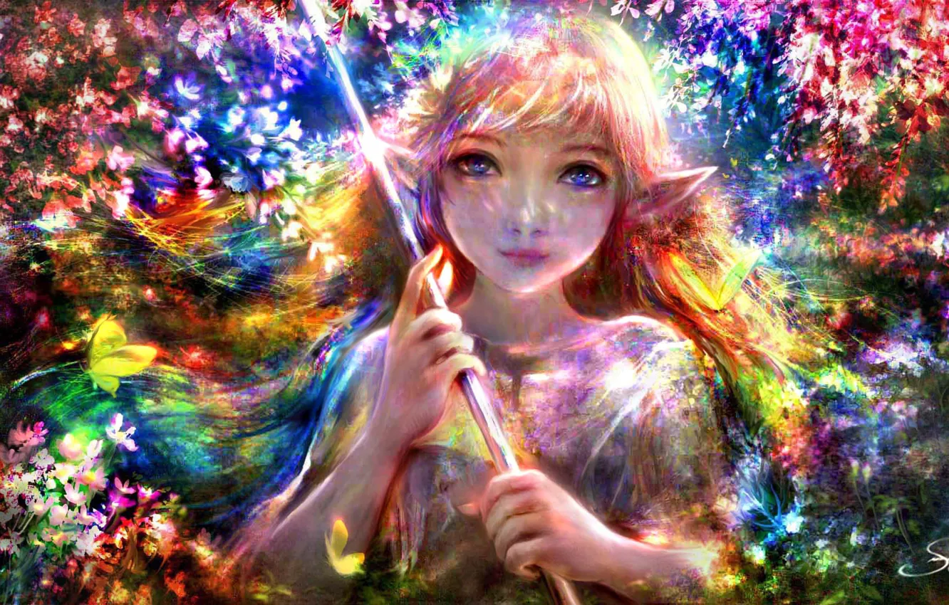 Photo wallpaper flowers, butterfly, elf