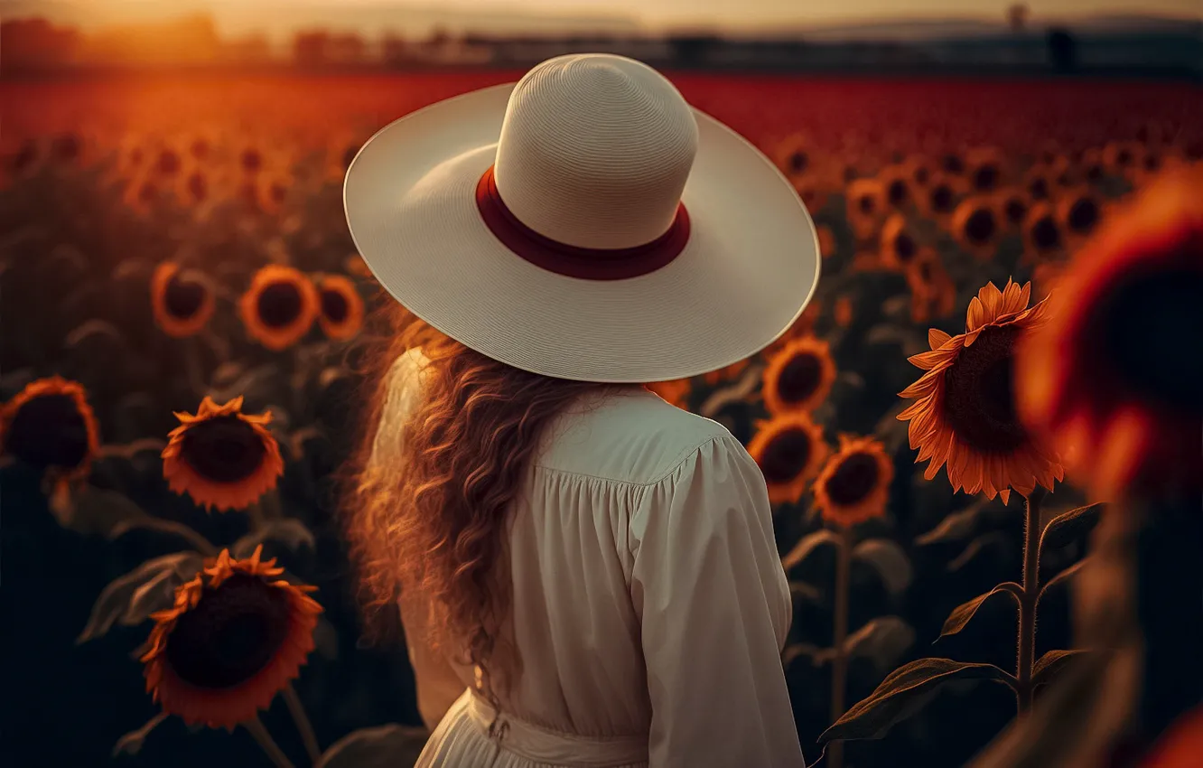 Photo wallpaper field, girl, sunflowers, hat, AI art, neural network