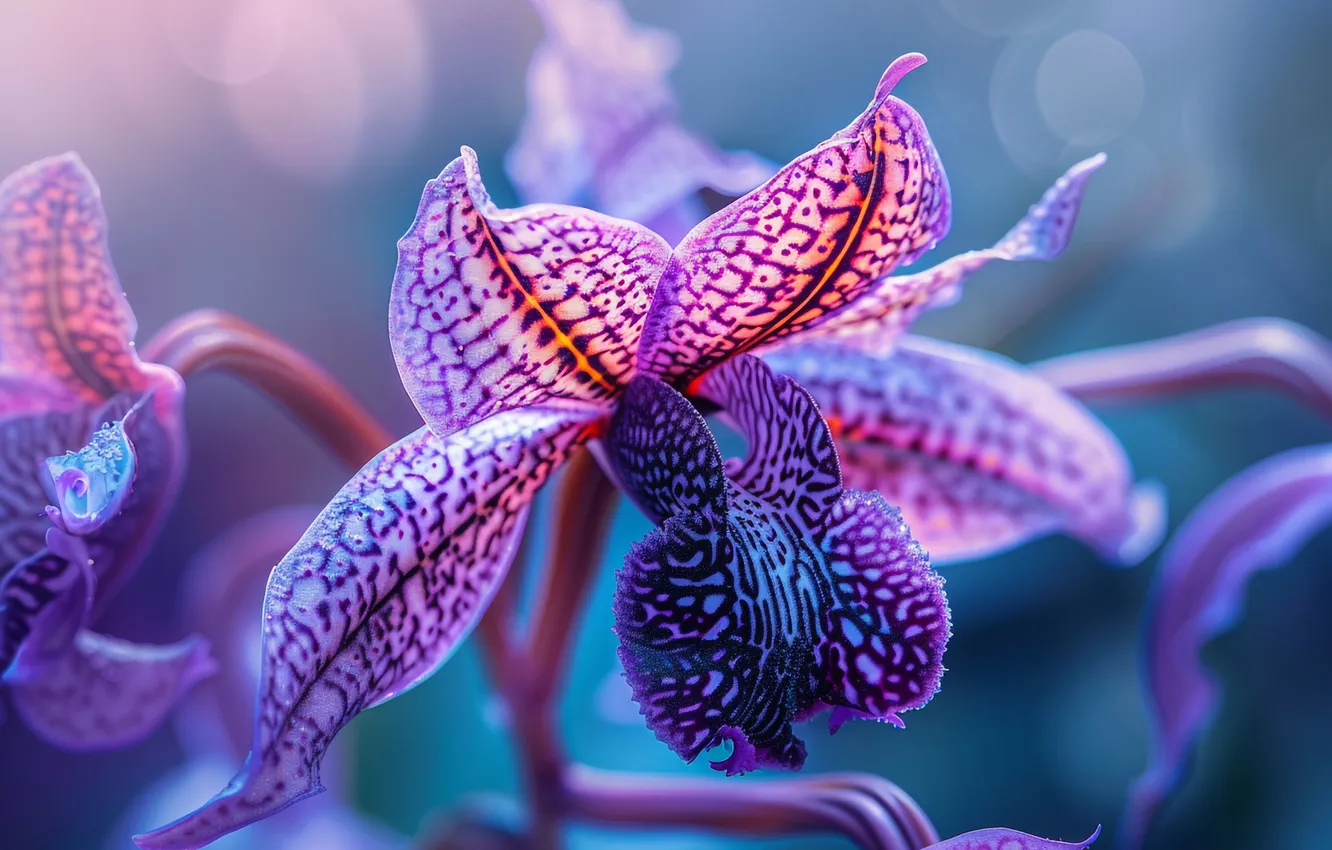 Photo wallpaper macro, flowers, Orchid, lilac, bokeh, AI art, neural network